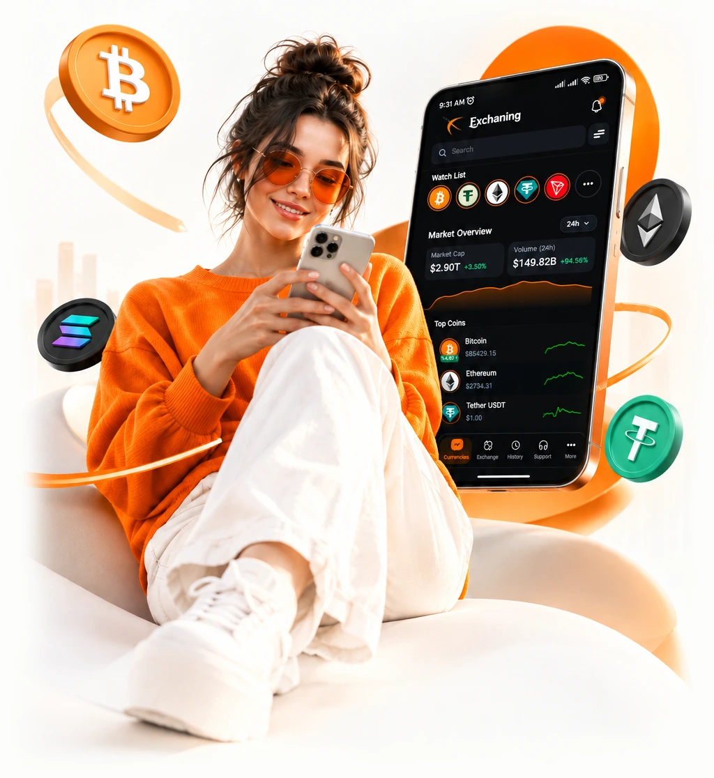 Exchanging Crypto App interface and 3D floating crypto tokens